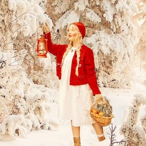 Peut inclure: Une personne vêtue d'une veste et d'un chapeau rouges, tenant une lanterne et un panier d'oranges, marche dans une forêt enneigée. Les arbres sont couverts de neige, créant une scène hivernale.