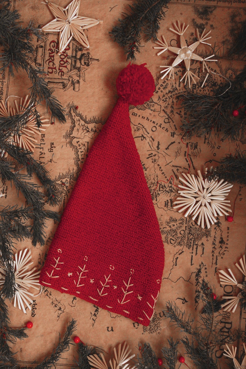Baby baby pixie hat knitted hand embroidered hand unisex burgundy fir winter Christmas christmas cotton folk folk fairy country forest cozy country