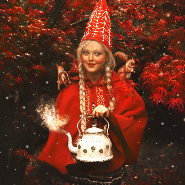 Postkarte Kunstfotografie "Lutine" Olga Valeska Weihnachten Weihnachten Winter Elf Pixie Elf magische Feen Märchen Volkswunderland Hütte