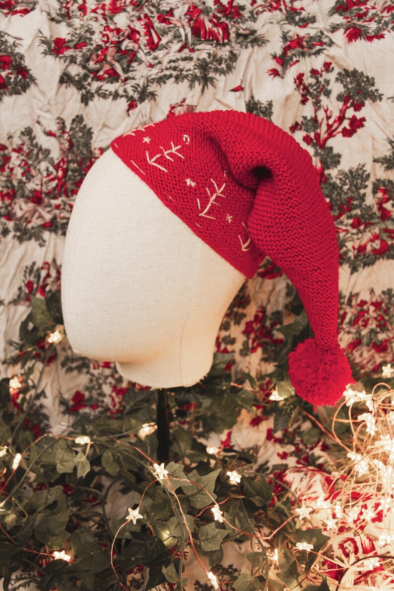 Baby baby pixie hat knitted hand embroidered hand unisex burgundy fir winter Christmas christmas cotton folk folk fairy country forest cozy country