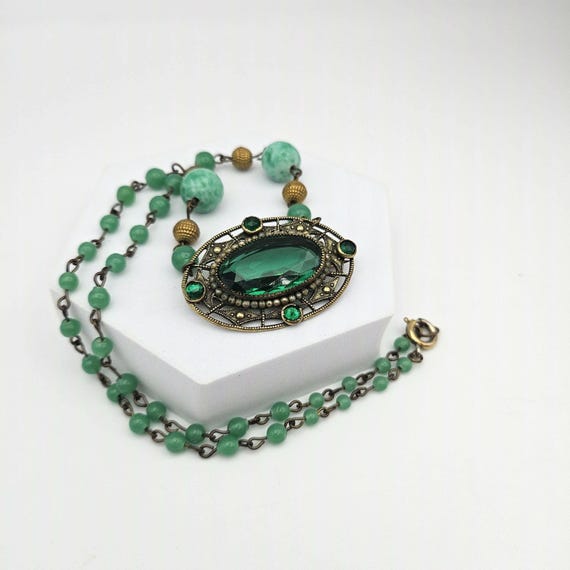 Art Deco Green Glass Convertible Pendant Brooch Necklace, Peking Glass Beads View 3