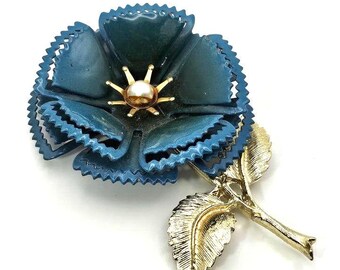 Vintage Flower Power Brooch Blue and Gold