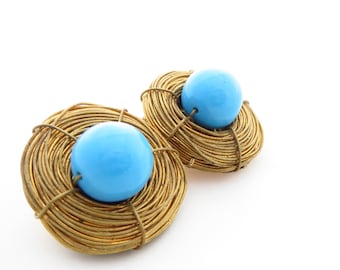 Vintage Bird&#39;s Nest Brooch with Large Glass Robin&#39;s Eggs