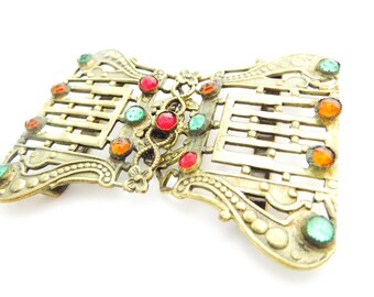 Vintage Art Deco Belt Buckle Set Pair Multicolor Glass Gold Tone Retro Art Deco Belt Buckle: Gold Tone Metal With Blue Glass  main image 3