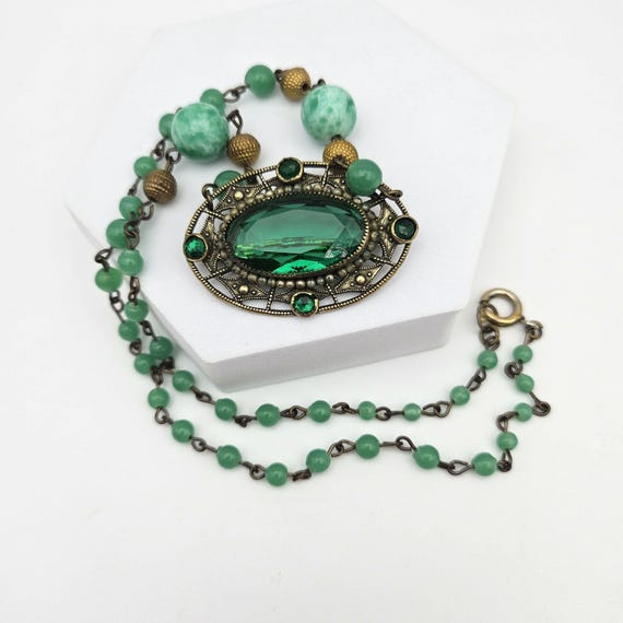 Art Deco Green Glass Convertible Pendant Brooch Necklace, Peking Glass Beads View 2