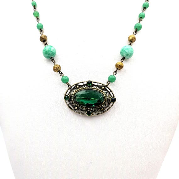 Art Deco Green Glass Convertible Pendant Brooch Necklace, Peking Glass Beads View 5