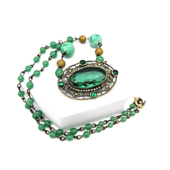Art Deco Green Glass Convertible Pendant Brooch Necklace, Peking Glass Beads View 4