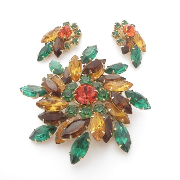 Vintage Strass Set Ovale Taschen-Ohrringe und Brosche im Herbststil