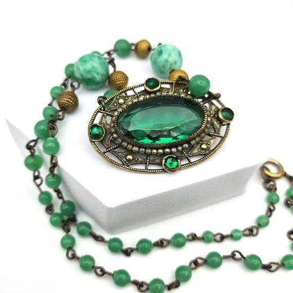 Art Deco Green Glass Convertible Pendant Brooch Necklace, Peking Glass Beads