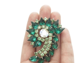 Vintage Designer Green and Aurora Borealis Large Brooch c.1950s