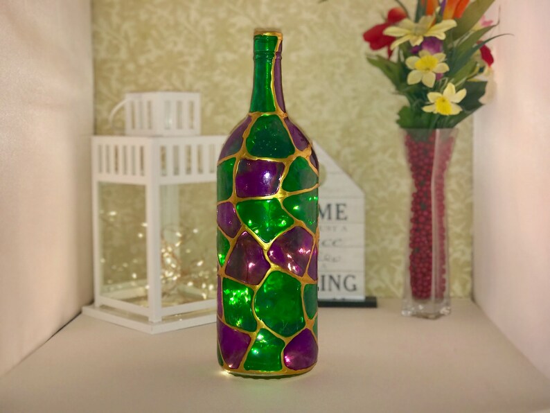 Mardi Gras Stained Glass 1.5 Liter LED Light Up Wine Bottle