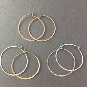 Silver Hoop Earrings Thin Silver Hoops Silver Hammered Hoops Gold or Rose Gold Hoops 1.5 Hoops image 2