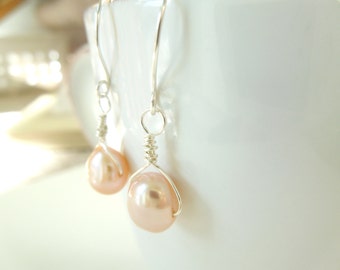 Pink Freshwater Pearl Earrings, Silver Pearl Earrings, Bridesmaid Earrings, Bridal Jewelry, June Earrings