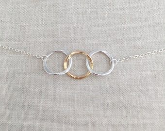 3 Circle Necklace Silver Gold, Eternity 3 Ring Necklace, Interlocking Rings, Three Circles, Entwined Circles