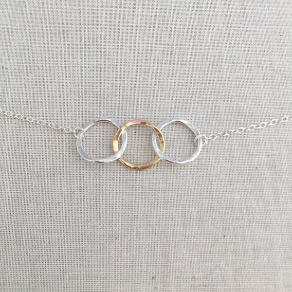 3 Circle Necklace Silver Gold, Eternity 3 Ring Necklace, Interlocking Rings, Three Circles, Entwined Circles