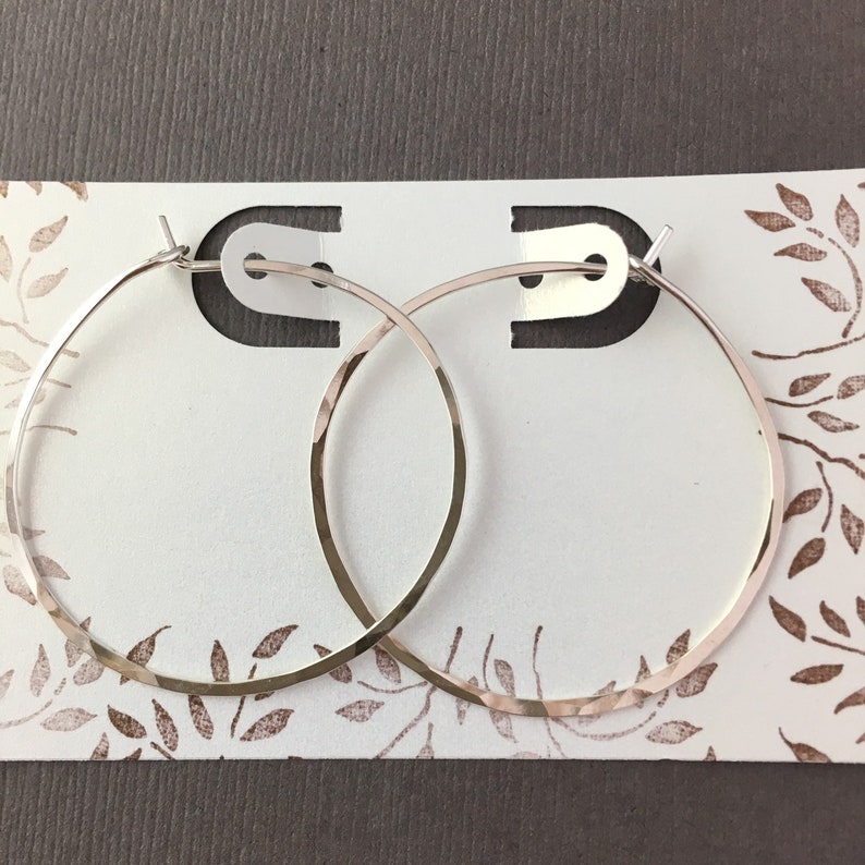 Silver Hoop Earrings Thin Silver Hoops Silver Hammered Hoops Gold or Rose Gold Hoops 1.5 Hoops image 5