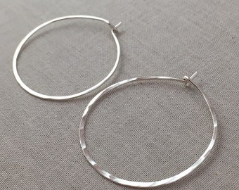 Silver Hoop Earrings - Thin Silver Hoops - Silver Hammered Hoops -  Gold or Rose Gold Hoops - 1.5" Hoops