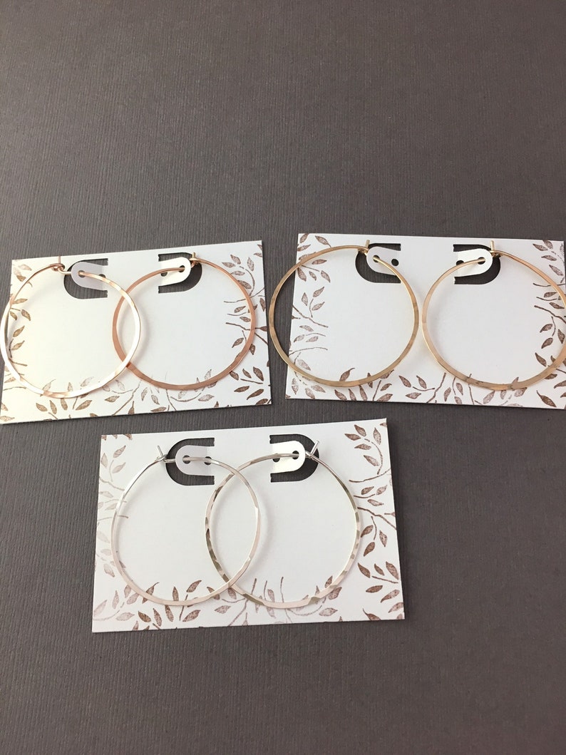 Silver Hoop Earrings Thin Silver Hoops Silver Hammered Hoops Gold or Rose Gold Hoops 1.5 Hoops image 7