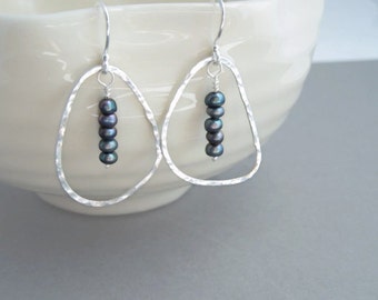 Silver Hoop Earrings, Freshwater Pearls, Silver Pearl Earrings, Fine Sterling Silver Earrings