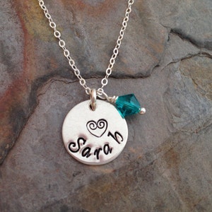 Sterling Silver Name Necklace, Personalized Necklace, Silver Disc Necklace, Custom Birthstone, Monogrammed Gifts