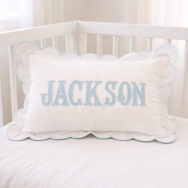 Personalized Baby Name Pillow Cover | Scalloped Nursery Pillow | Custom Embroidered Baby Pillow | Boy Nursery Decor | Baby Shower Gift