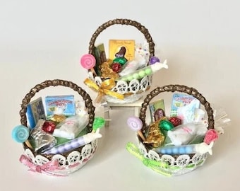 Dollhouse miniature Easter basket, fairy garden Easter eggs, 1:6 scale doll house sweets, lollipops, mini gold foil chocolate bunny for doll