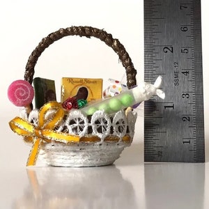 Dollhouse miniature Easter basket, fairy garden Easter eggs, 1:6 scale doll house sweets, lollipops, mini gold foil chocolate bunny for doll