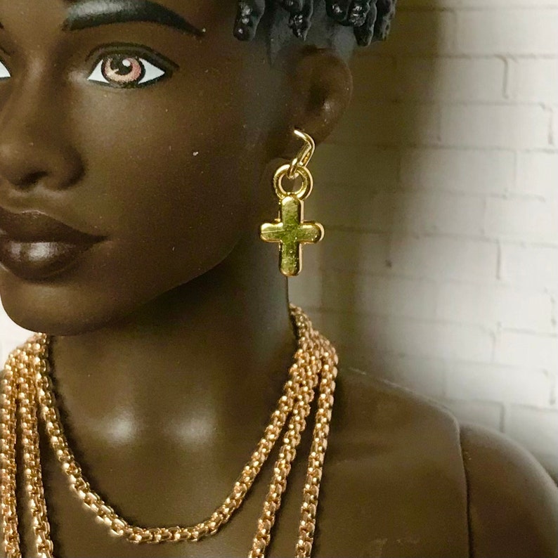 1/6 fashion doll jewelry, gold necklace, mini gold cross earrings, bjd doll jewelry, custom doll accessories, miniature necklace image 1