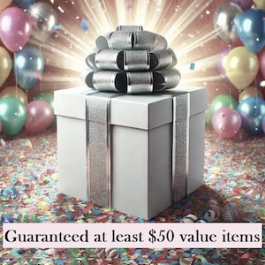 May include: A white gift box with a silver ribbon and bow. The box is surrounded by colorful confetti. The text "Guaranteed at least $50 value items" is at the bottom of the image.