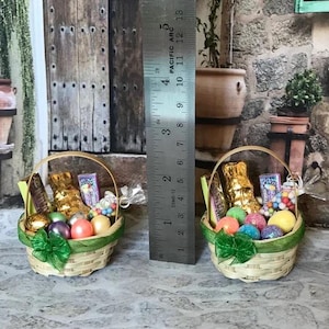 Miniature Easter basket, dollhouse sweets, Easter candy, tiny chocolate bunny, mini Easter eggs, fairy garden, spring diorama accessories