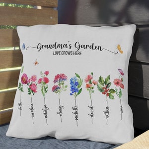 Funda de almohada al aire libre personalizada de la flor de nacimiento de la abuela, almohada con nietos, regalo para la abuela, regalo de Navidad, regalo para ella