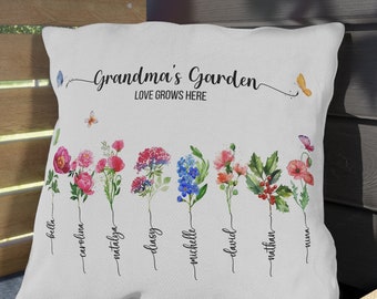 Funda de almohada al aire libre personalizada de la flor de nacimiento de la abuela, almohada con nietos, regalo para la abuela, regalo de Navidad, regalo para ella