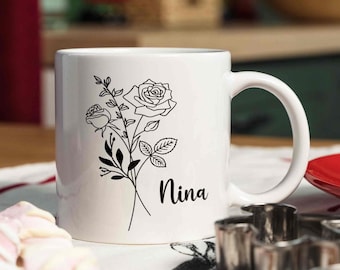Taza personalizada con la flor del mes de nacimiento, regalo personalizado para ella, regalo para mamá, regalo de Navidad, taza floral con el nombre de la flor de nacimiento, taza blanca de regalo