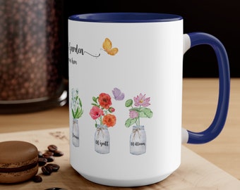 Regalo de taza de flor de nacimiento para la abuela, regalo de jardín de abuelas, impresión familiar de flores de nacimiento, regalo del día de la madre abuela, abuela de flores de nacimiento, 15 oz