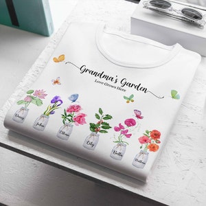 Gepersonaliseerde oma&#39;s tuin Tshirt, aangepaste geboortemaand bloem tShirt, moederdag cadeau, botanische tuin, aangepaste unisex katoenen tshirt