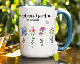 Taza personalizada con la flor de nacimiento, regalo del jardín de la abuela