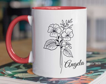 Eine schöne zweifarbige Kaffeetasse mit Blume, Personalisierte Geburtsmonat Blume, Geschenk für Mama, Geburtstagsgeschenk