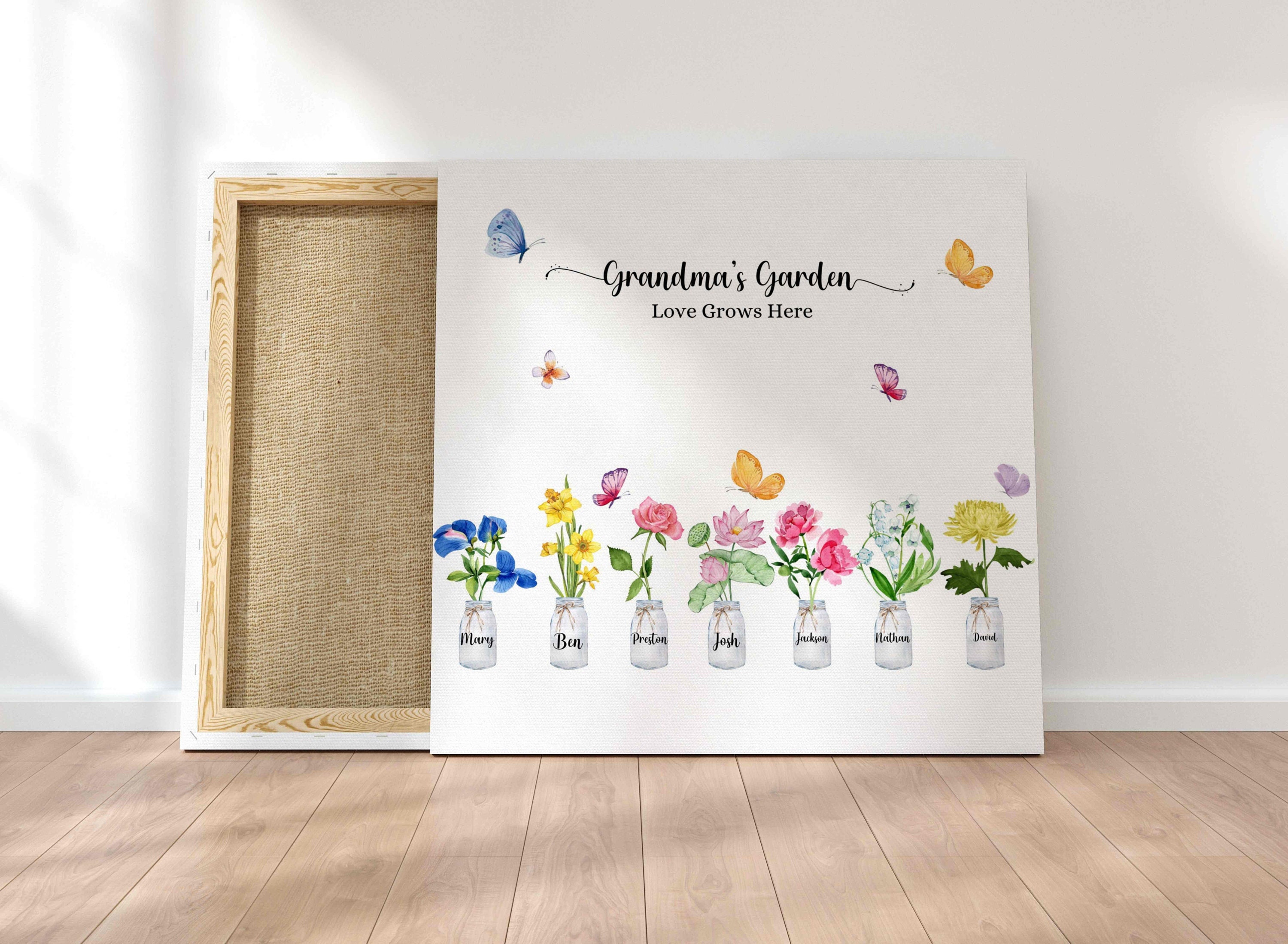 Grandma's Garden Wall Art, Personalized Grandparent Canvas Stretched