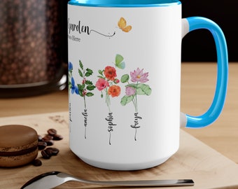 Taza de flores de nacimiento regalo para mamá, mamá y abuelas regalo de jardín, regalo del día de la madre para mamá abuela, jardín de flores familiar, regalo para abuela, 15 oz
