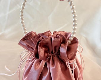 Dusty Pink Satin Bridal Purse w/ Pearl Handle, Wedding Clutch for Bride, Bridesmaid Gift Bag, Elegant Evening Bag, Handmade Bridal Accessory