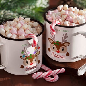 Personalized Secret Santa gift, reindeer face mug, personalized hot chocolate mug, reindeer coffee mugs Enamel Camp Cup, Christmas gift 12oz