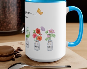 Regalo de taza de flor de nacimiento para la abuela, regalo de jardín de abuelas, impresión familiar de flores de nacimiento, regalo del día de la madre abuela, abuela de flores de nacimiento, 15 oz