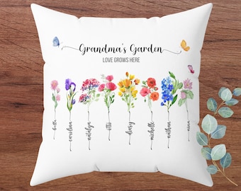 Almohada personalizada de lanzamiento de flores de nacimiento con nombre de nietos, regalo de cumpleaños, regalo de Navidad para la abuela, funda de almohada y almohada incluidas.
