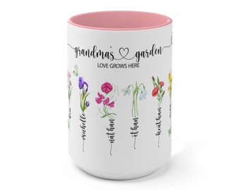 Regalo de taza de flor de nacimiento para abuela, regalo de jardín de abuelas, impresión familiar de flores de nacimiento, abuela de regalo del día de las madres, abuela de flores de nacimiento, 15 oz