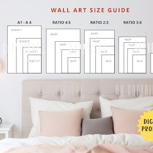 Bedroom wall decor Art Size Guide Digital Prints,  Livingroom Wall Art Size Guide, Frame Sizing Mockup, Poster Size Chart Digital print