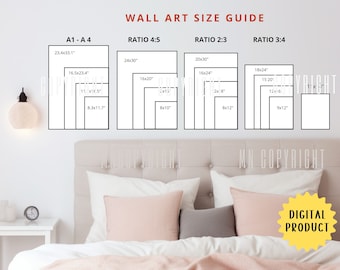 Decoración de la pared del dormitorio Guía de tamaños de arte Impresiones digitales, Guía de tamaños de arte de la pared de la sala de estar, Maqueta de tamaño de marcos, Tabla de tamaños de carteles Impresión digital
