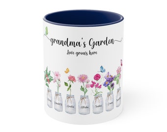 Una hermosa taza de café de dos tonos, taza floral personalizada de la abuela con nombres de nietos, regalo de flor de acuarela personalizado, regalo para mamá 11 oz.