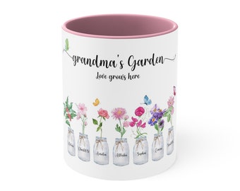 Una hermosa taza de café de dos tonos, taza floral personalizada de la abuela con nombres de nietos, regalo de flores de acuarela personalizada, regalo para mamá, 11 oz.