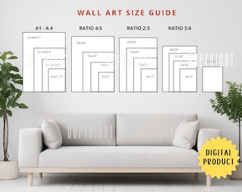Decoración de pared de sala de estar Guía de tamaño de arte Impresiones digitales, Guía de tamaño de arte de pared de sala de estar, Maqueta de tamaño de marco, Tabla de tamaño de póster Impresión digital