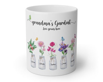 Regalos de jardín de la abuela con los nombres de los nietos, taza personalizada con flores de acuarela y el nombre de la familia, regalo único para el Día de la Madre para la abuela.